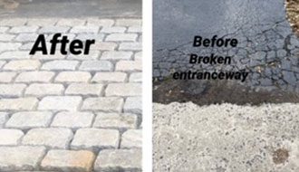 a before-and-after image of a broken entranceway transformed into a neat, paved surface.